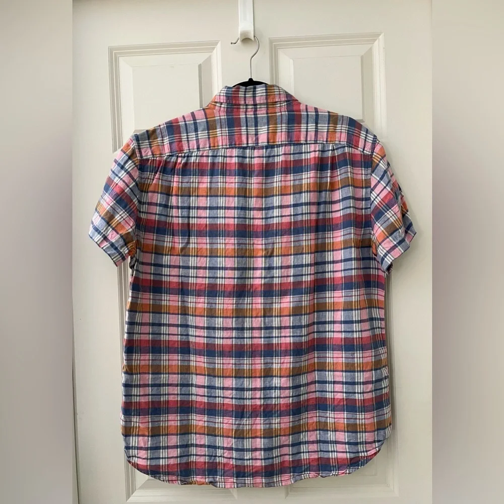 Men’s J. Crew Linen Blend Plaid Camp Short Sleeve Slim Fit Shirt L Preppy Casual